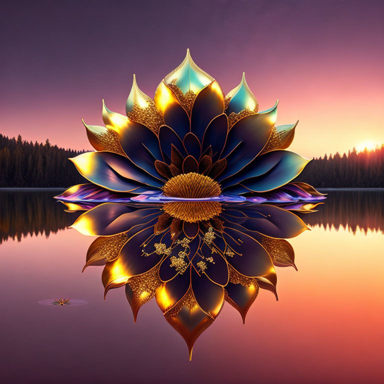 Intricate Lotus Flower Art with Gold Detailing on Tranquil Lake