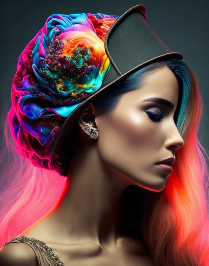 Vibrant pink hair woman in colorful turban and top hat with striking makeup