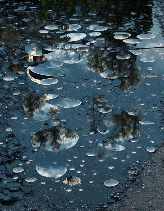 Iridescent oil spots reflect trees and building on asphalt