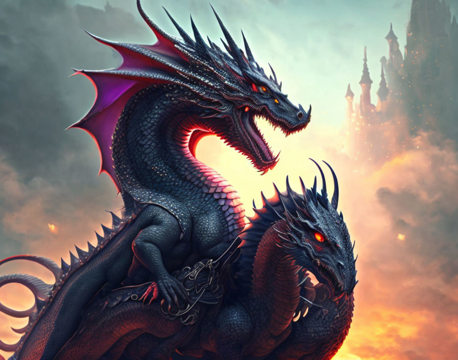 Majestic two-headed dragon with dark scales and purple wings above mystical castle