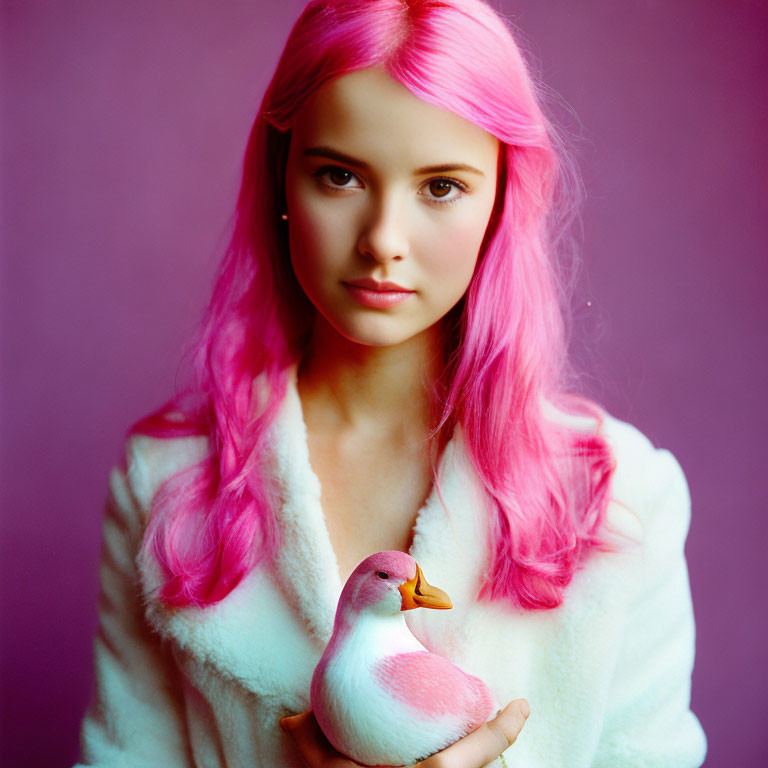 Pink-haired woman in white coat holding pink duckling on purple background