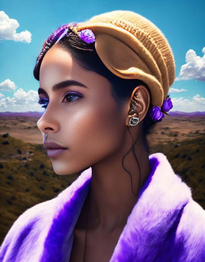 Woman in Yellow Headband and Purple Fur Coat in Desert Landscape