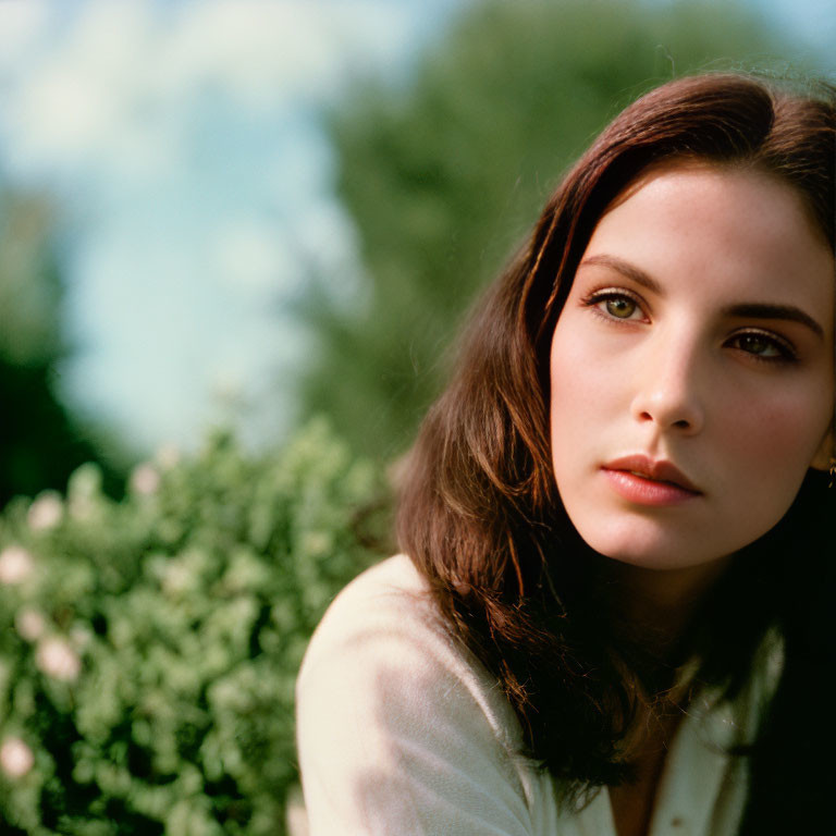 Dark-Haired Woman Gazing Away in Nature Setting