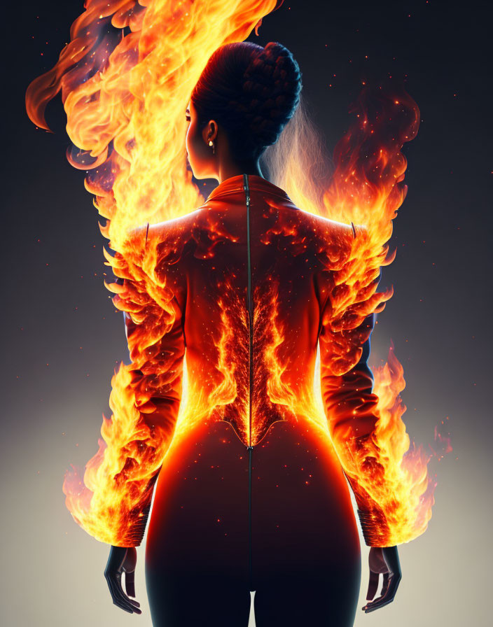 Silhouette of Woman with Fire Wings and Ethereal Glow