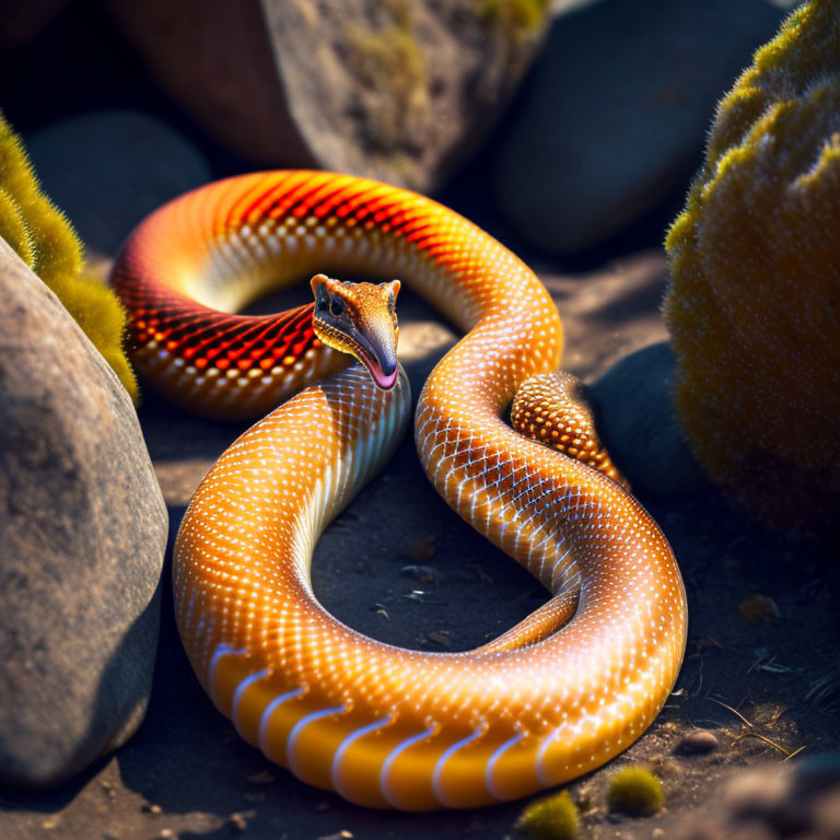 Colorful Orange and Yellow Snake Coiled Among Rocks with Red Markings