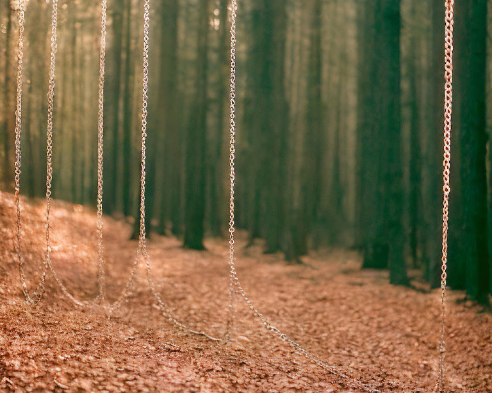 Abandoned swings in forest with sunlight and fallen leaves