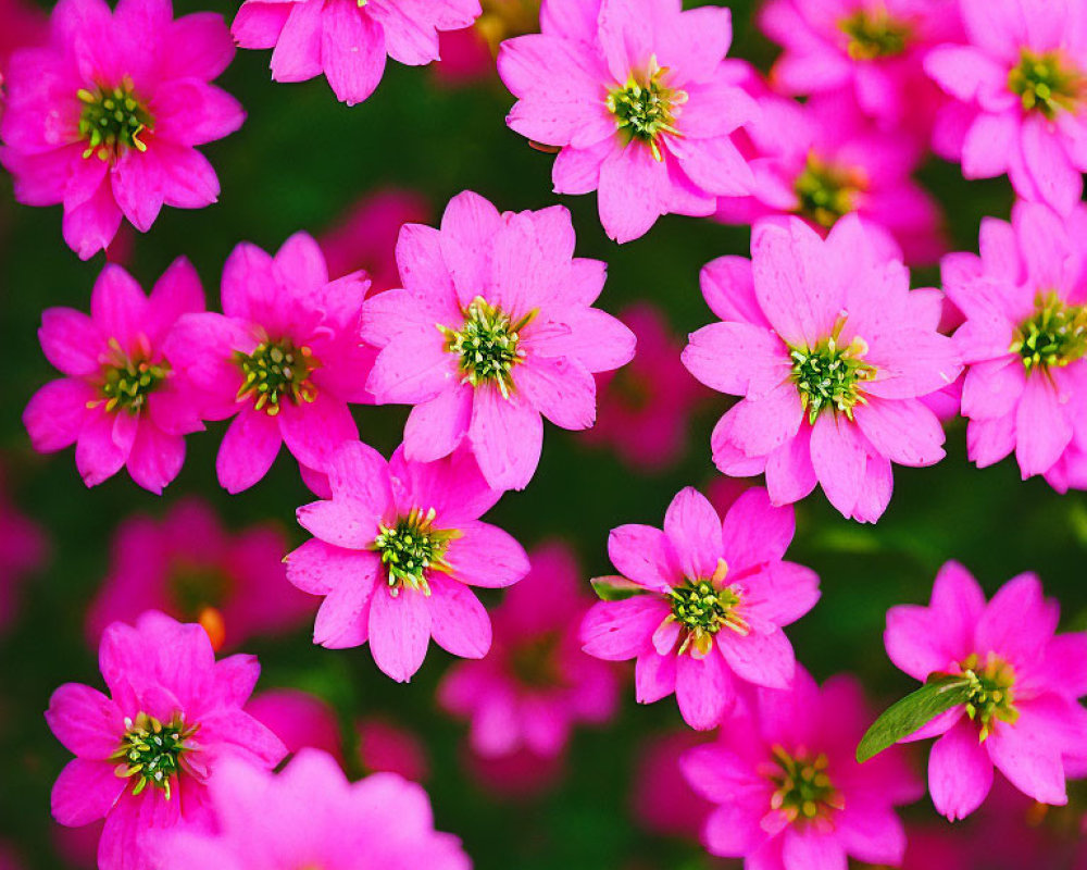 Bright Pink Flowers with Yellow Centers on Green Background