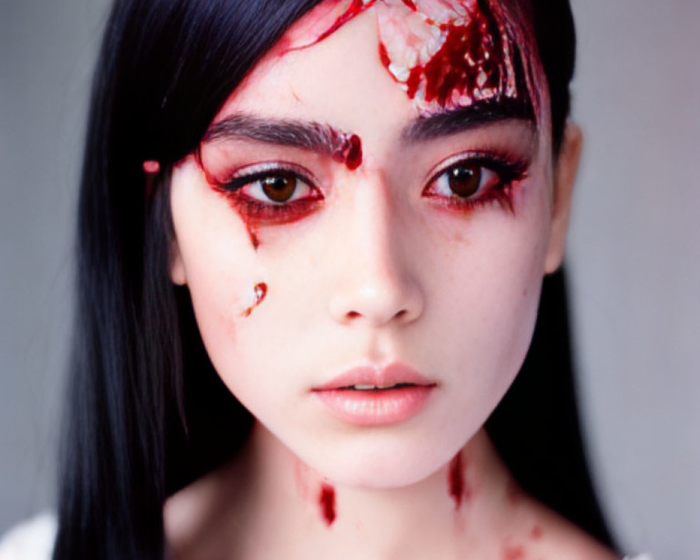 Woman with Black Hair and Dramatic Makeup Featuring Simulated Injuries and Blood Effects