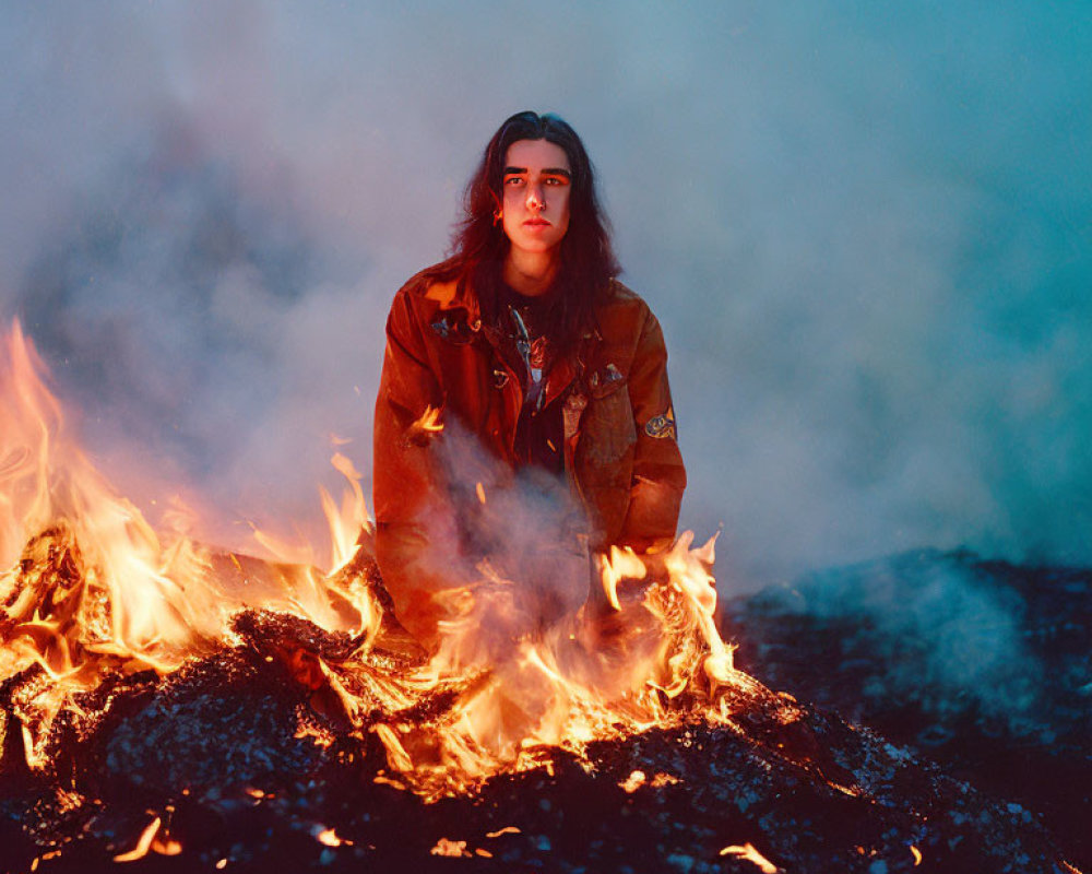 Person with Long Hair in Leather Jacket Sitting by Fire in Misty Atmosphere