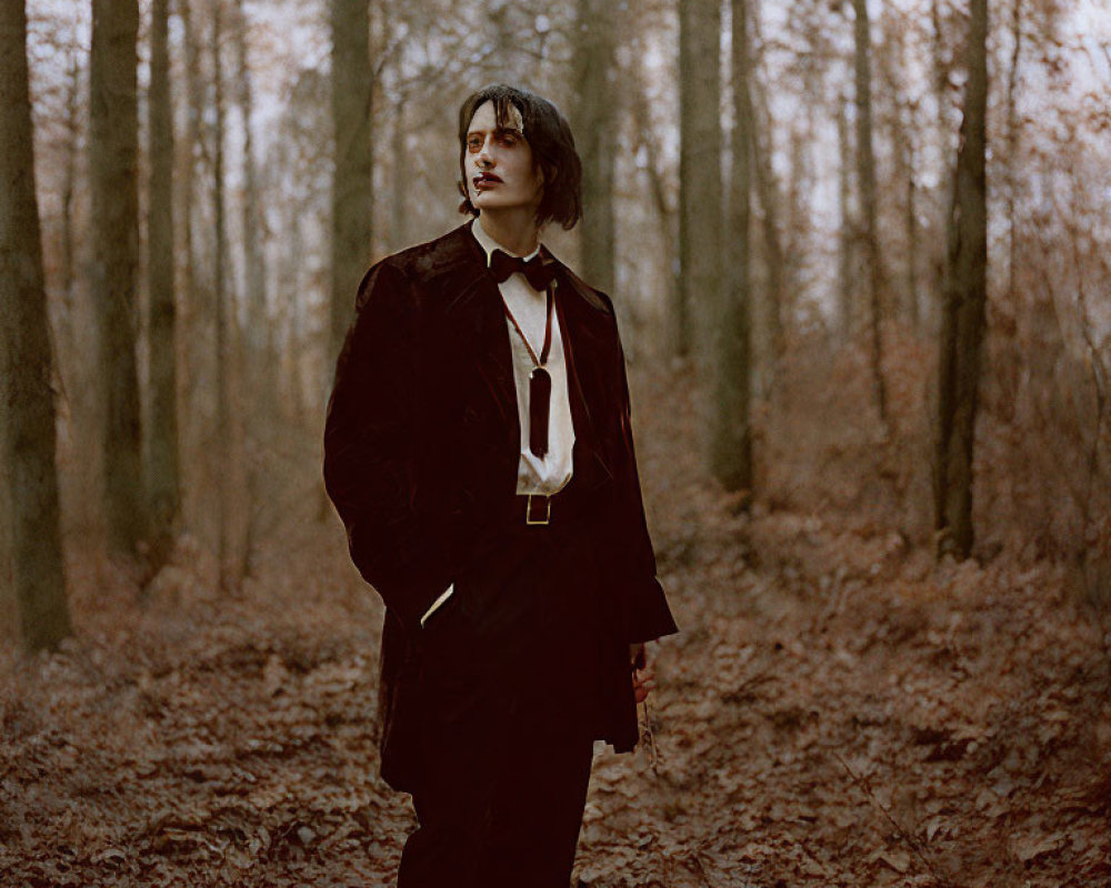 Person in dark suit standing in bare woodland, gazing thoughtfully.