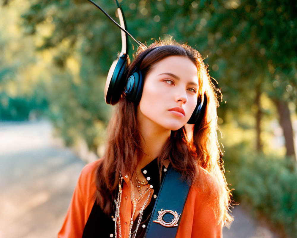 Stylish Woman in Orange Jacket with Black Headphones Outdoors