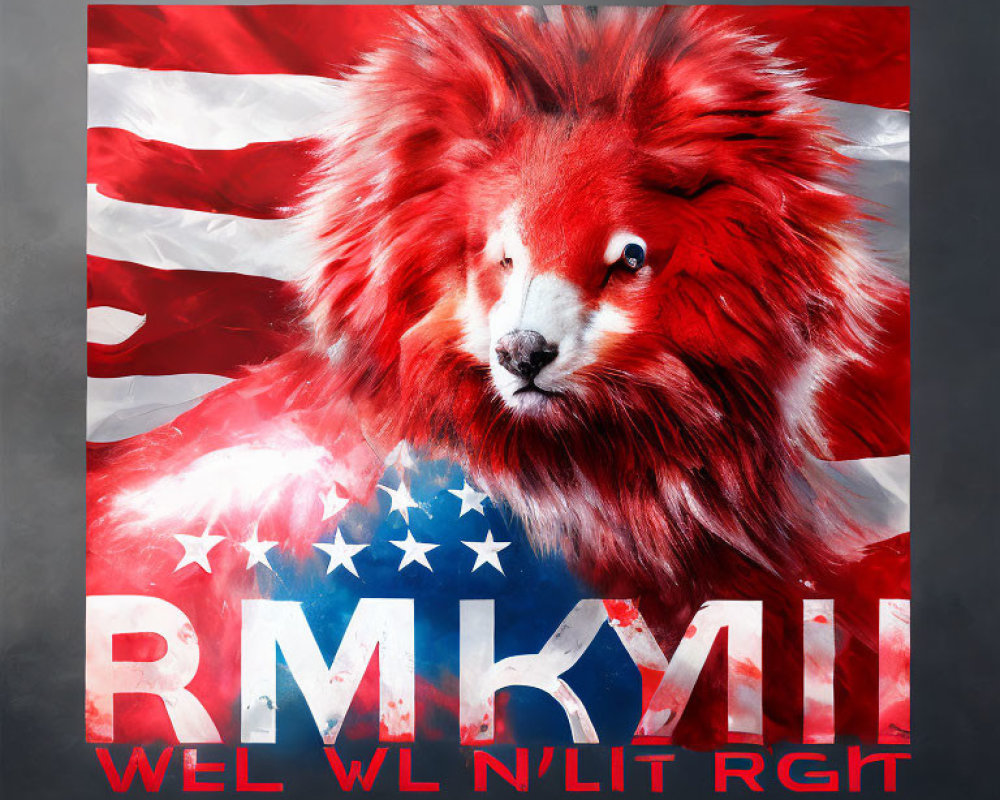 Stylized graphic of red and white dog on American flag with distorted text