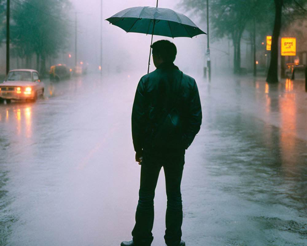 Person with umbrella in rain-soaked street with blurred cars and city lights