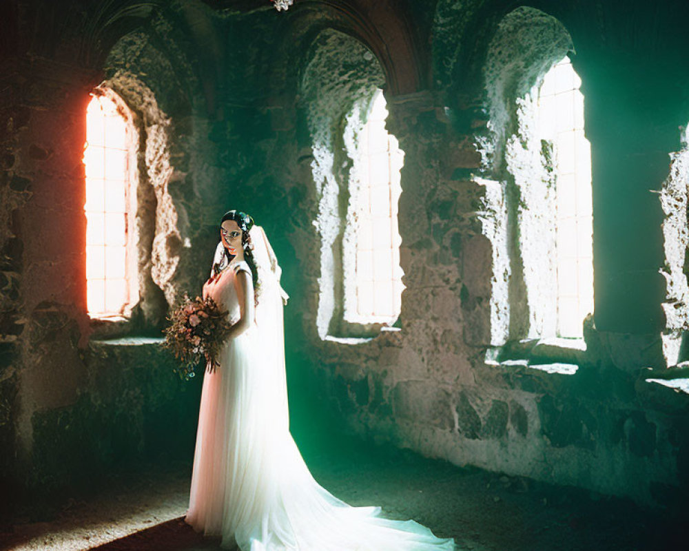 Bride in white gown with bouquet in historic sunlit room