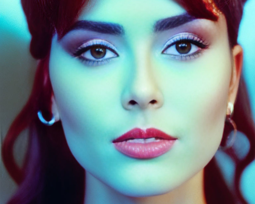 Detailed Portrait of Woman with Red Hair and Dramatic Makeup