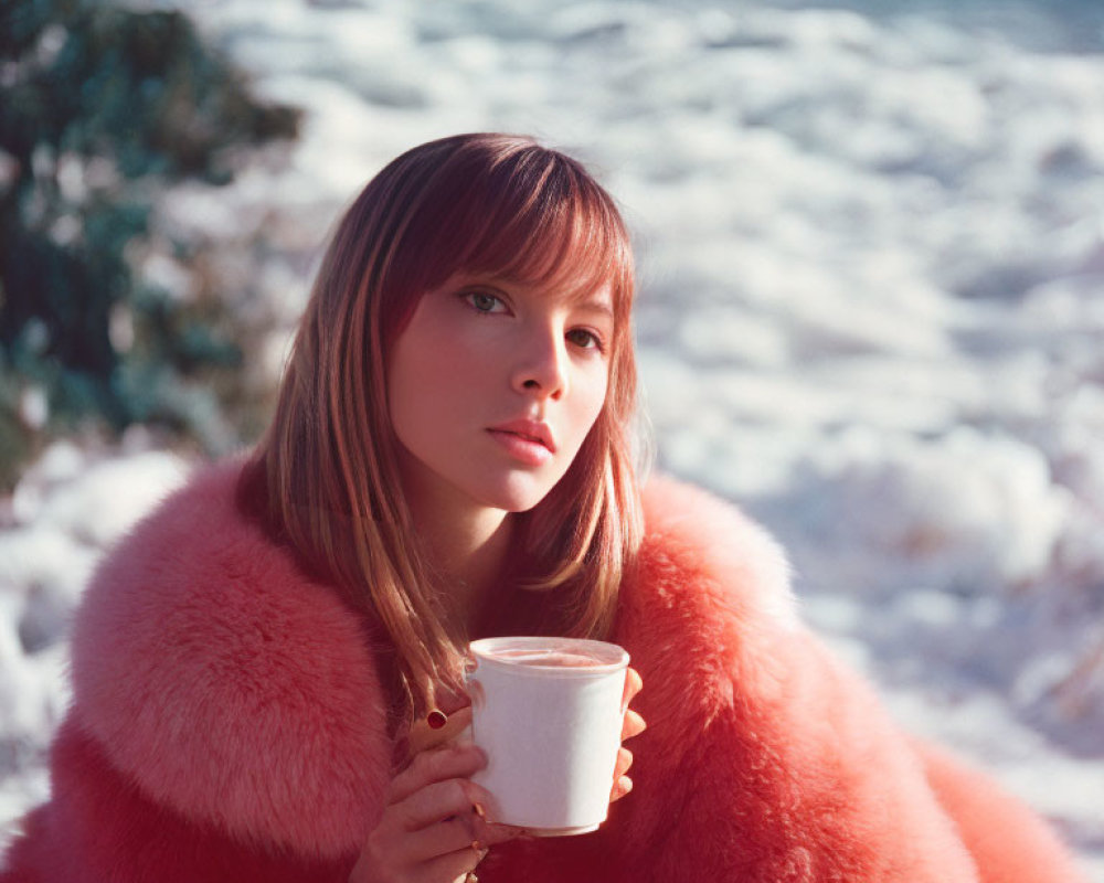 Woman in Pink Faux Fur Coat with Bangs Holding Mug