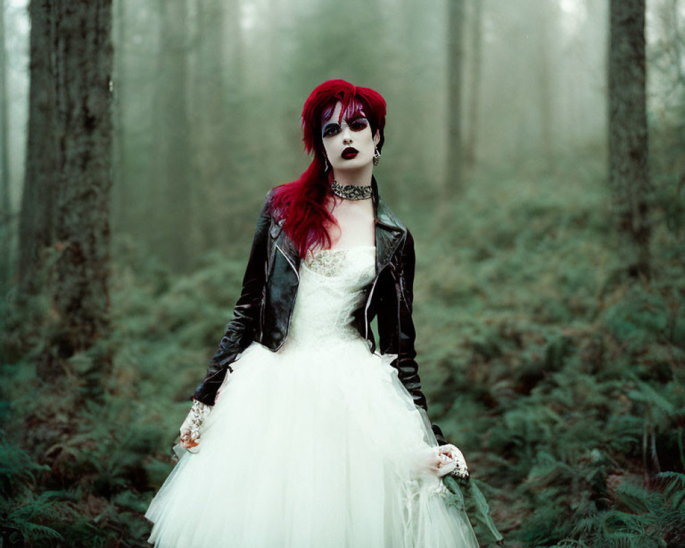 Red-haired woman in gothic makeup in white dress and leather jacket in misty forest