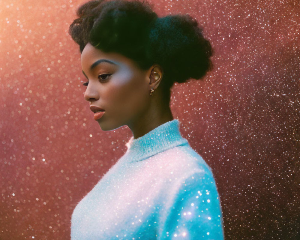 Elegant woman with updo hairstyle in glittery blue turtleneck against cosmic backdrop