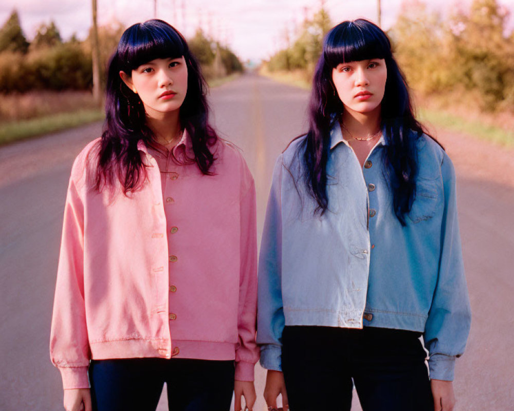 Identical individuals in pink and blue shirts with dark hair on road