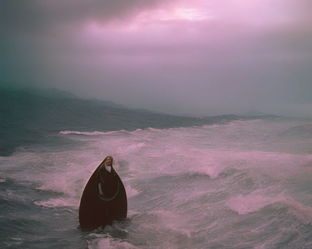 Person in boat-like structure under purple sky emerging from sea