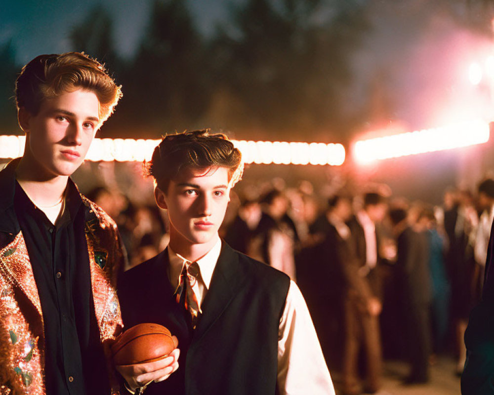 Two young men in formal retro attire at evening outdoor event