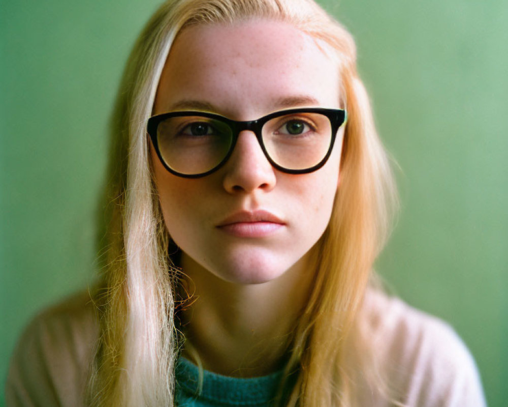 Blonde Woman in Glasses with Pink Shirt on Green Background