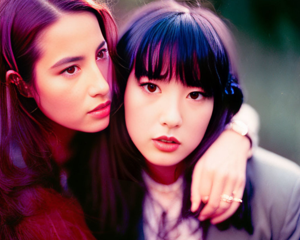 Contrasting hairstyles of two women against natural background