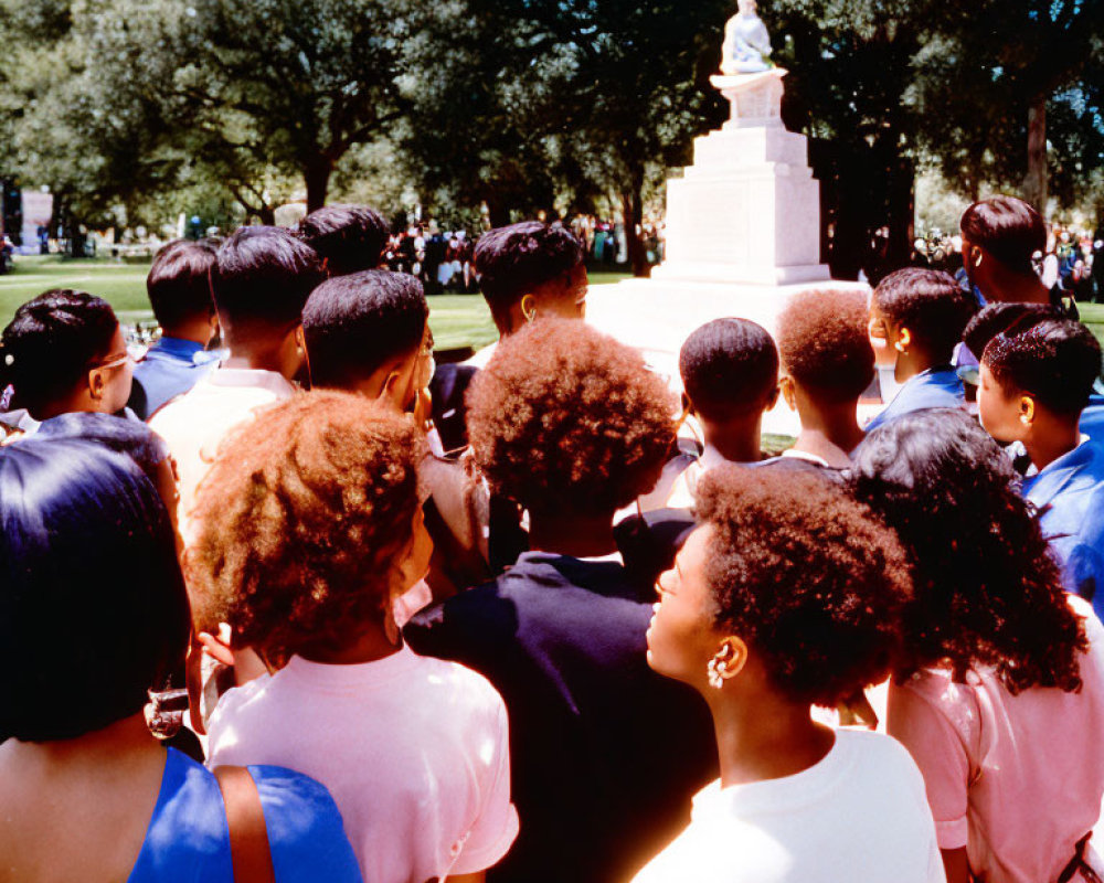 Group of people facing statue in nature setting