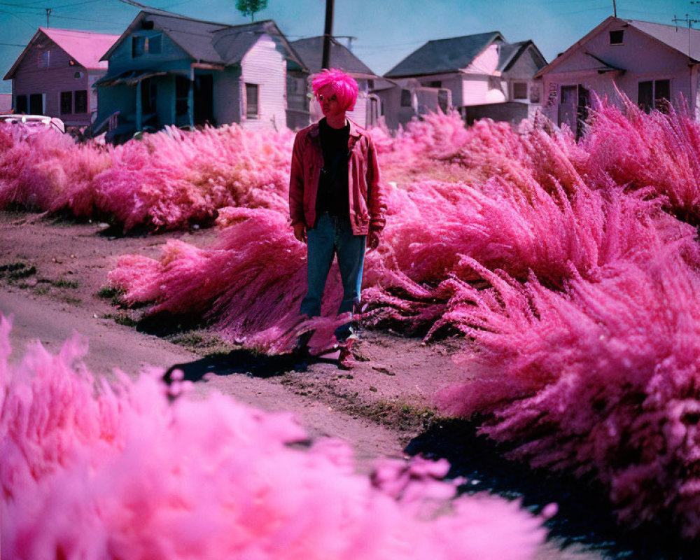 Pink-haired person in surreal landscape with vibrant pink grass, red jacket, blue jeans, and sunglasses.