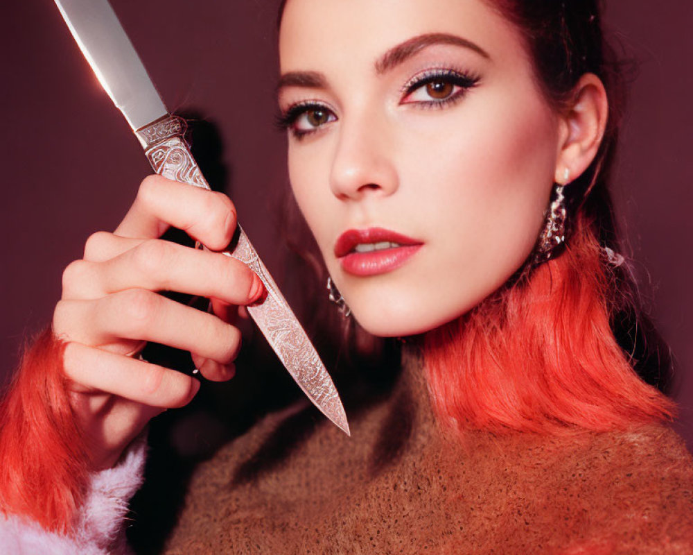 Red-haired woman with decorated knife, bold makeup, earrings, fur garment