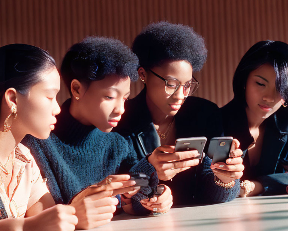 Four People Engrossed in Smartphones with Warm Light and Corrugated Background