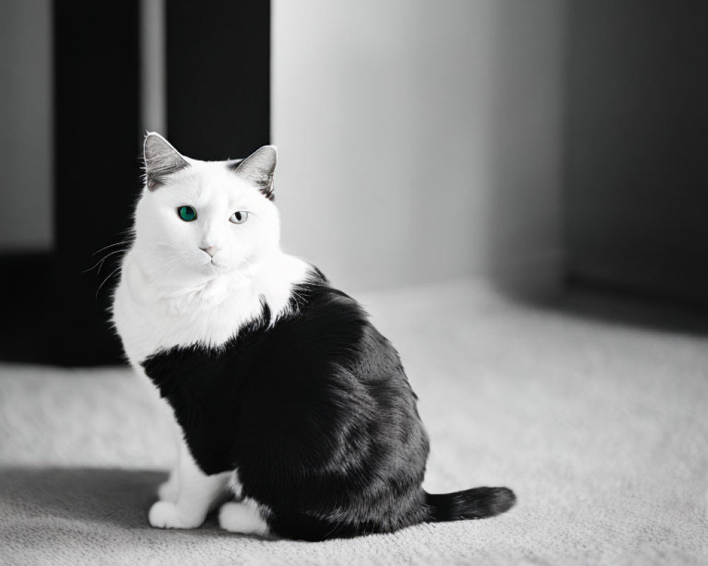 Striking-eyed black and white cat on carpet in softly lit room