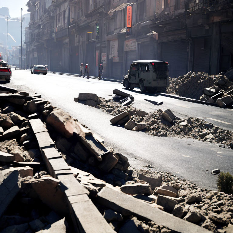 City road with rubble, pedestrian, vehicles, and buildings under clear sky