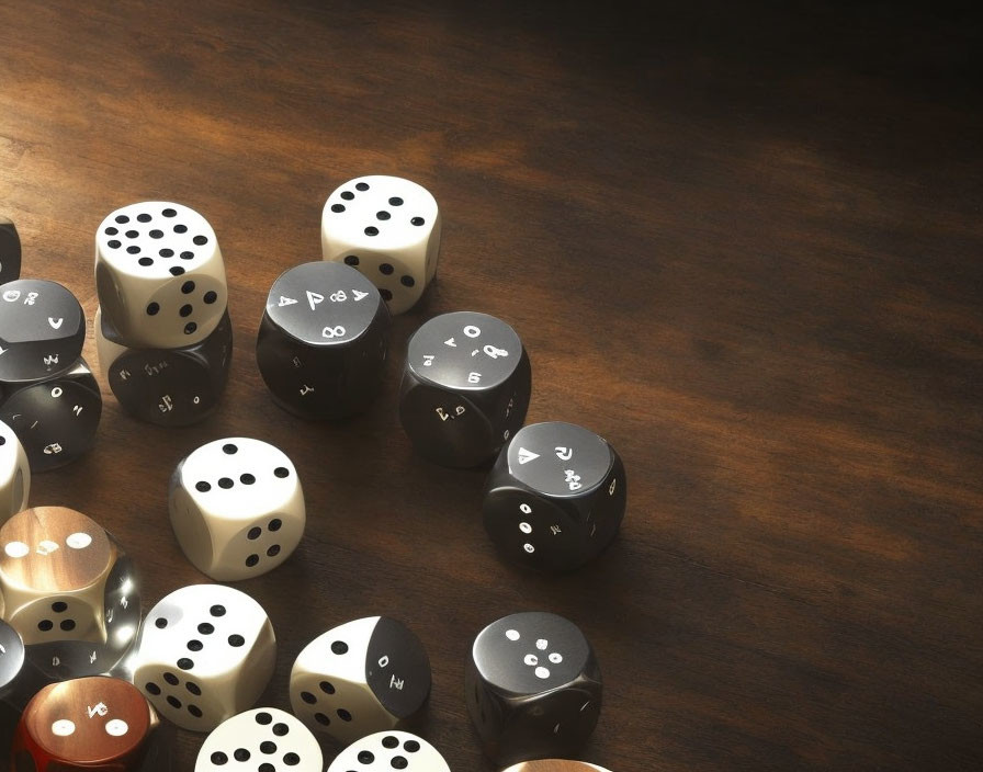 Assorted Dice with Regular and Unique Markings on Wooden Surface