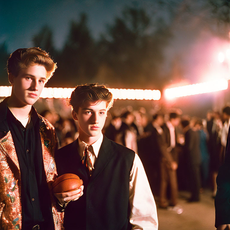 Two young men in formal retro attire at evening outdoor event