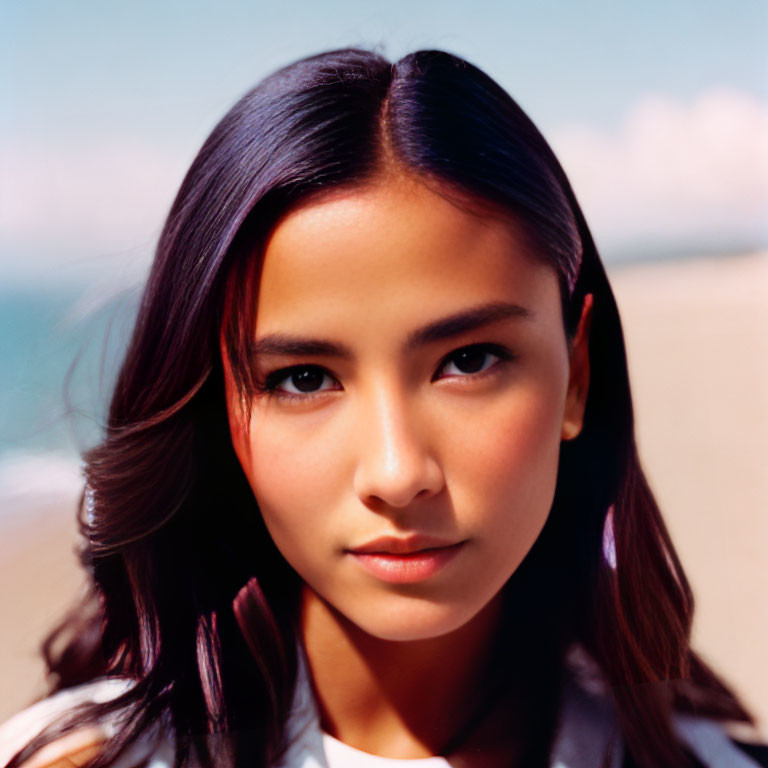 Portrait of woman with long dark hair and fair skin on beach background