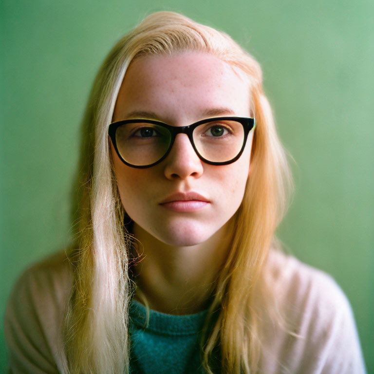 Blonde Woman in Glasses with Pink Shirt on Green Background