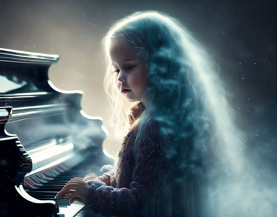 Young girl playing piano with glowing silhouette against dark background