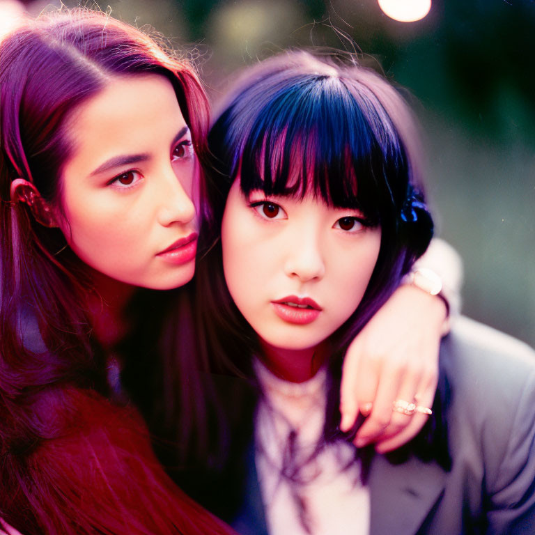 Contrasting hairstyles of two women against natural background