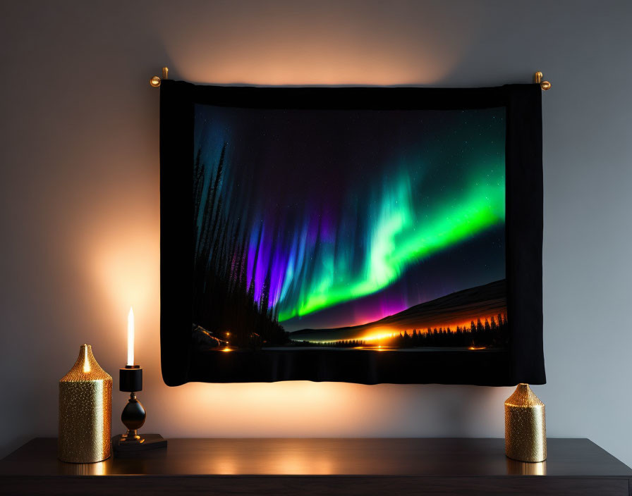 Aurora Borealis Tapestry Displayed with Decorative Lamps and Candle