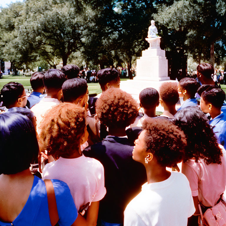 Group of people facing statue in nature setting