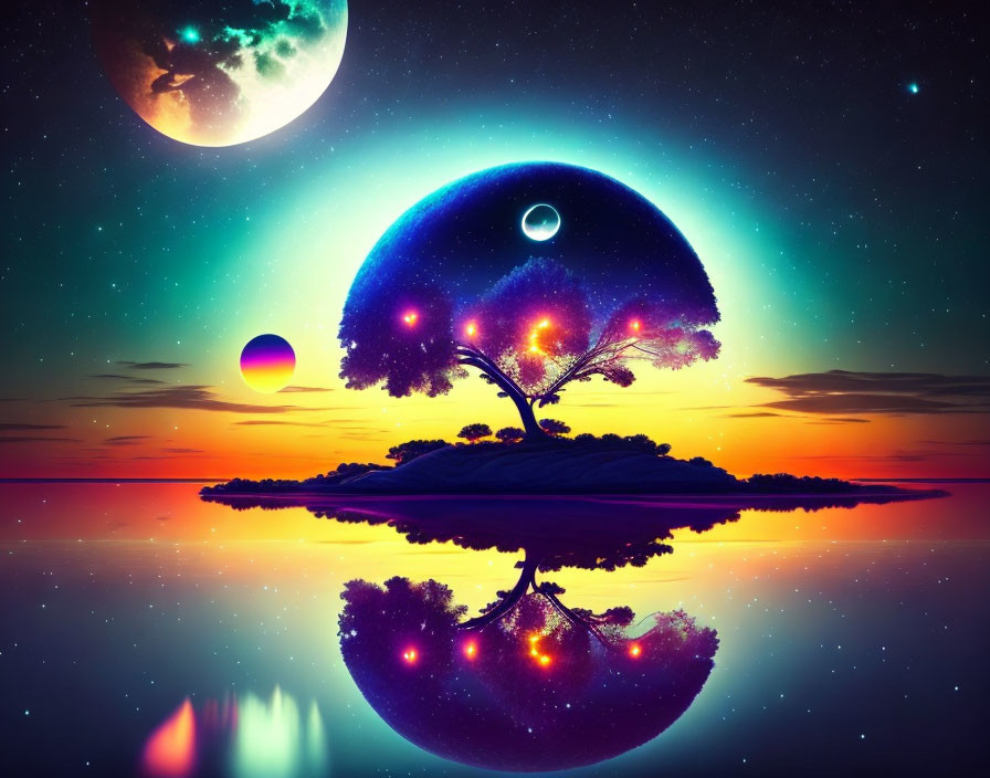 Vibrant digital art: Solitary tree on island, cosmic backdrop