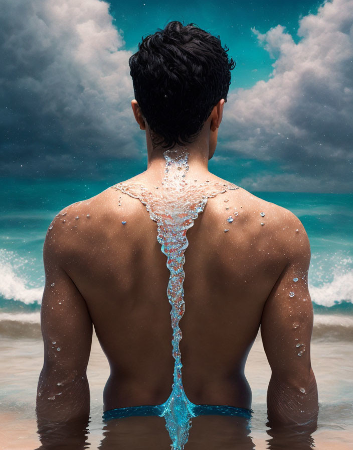 Person sitting on sandy beach with water droplets, facing ocean under cloudy sky