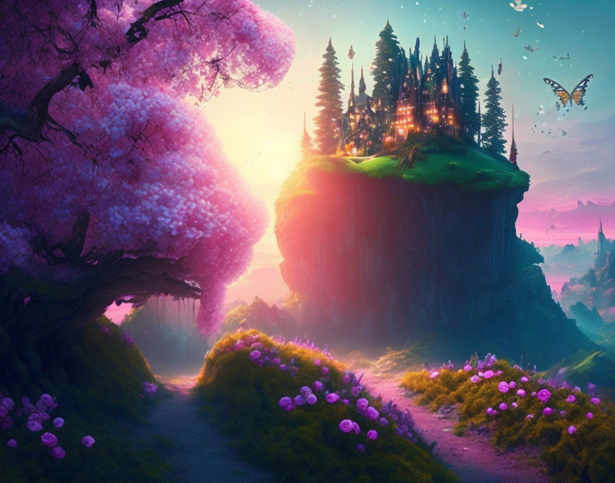 Mystical landscape with floating castle, cherry blossoms, vibrant flora, butterflies