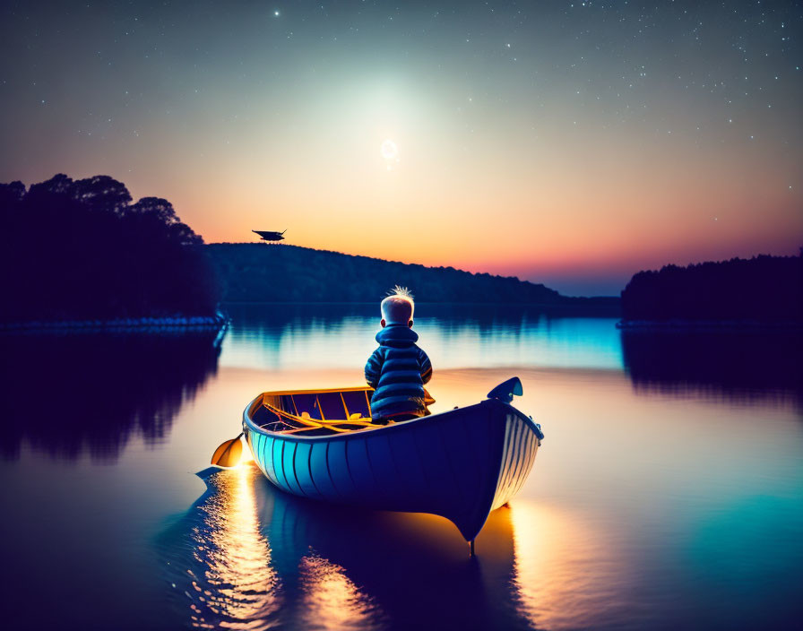 Person in boat under starry night sky with bright moon and forested shoreline