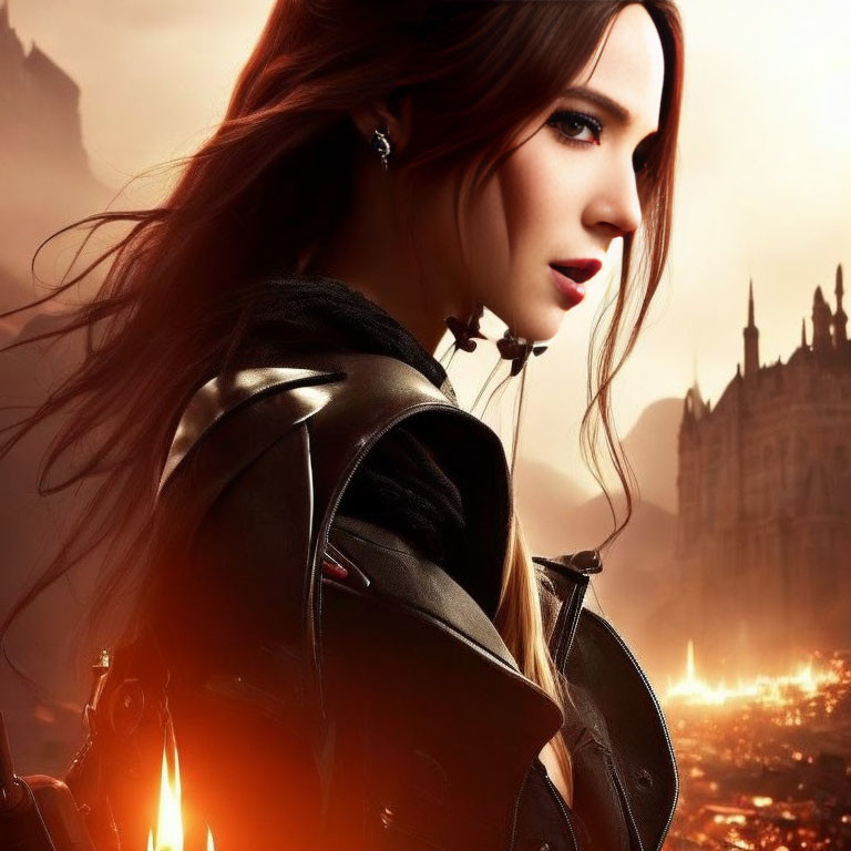 Long-haired woman in black armor against fiery landscape and gothic structures