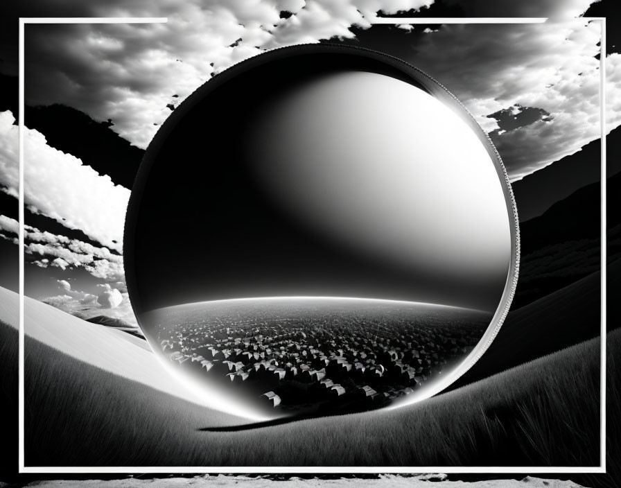 Monochrome surreal landscape with reflective sphere and inverted dunes view