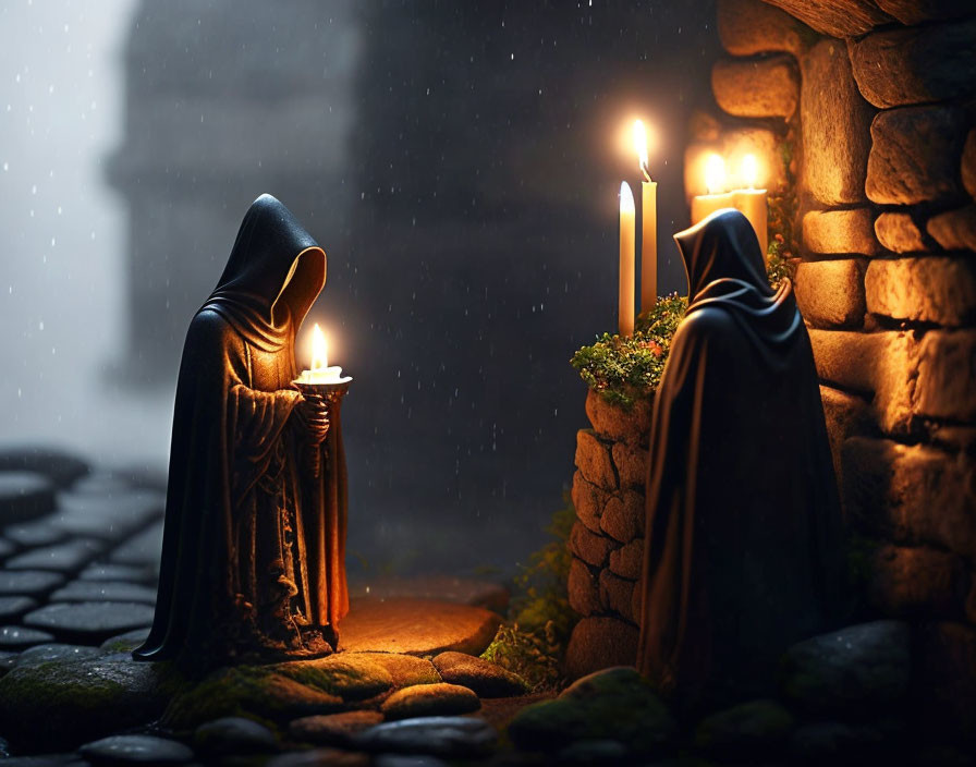 Cloaked figures holding candles by stone wall in serene, rainy scene