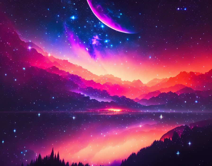 Colorful Night Mountain Landscape with Crescent Moon & Lake