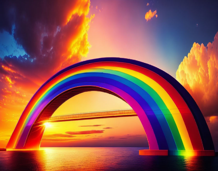 Colorful Rainbow Bridge Over Tranquil Sea at Sunset